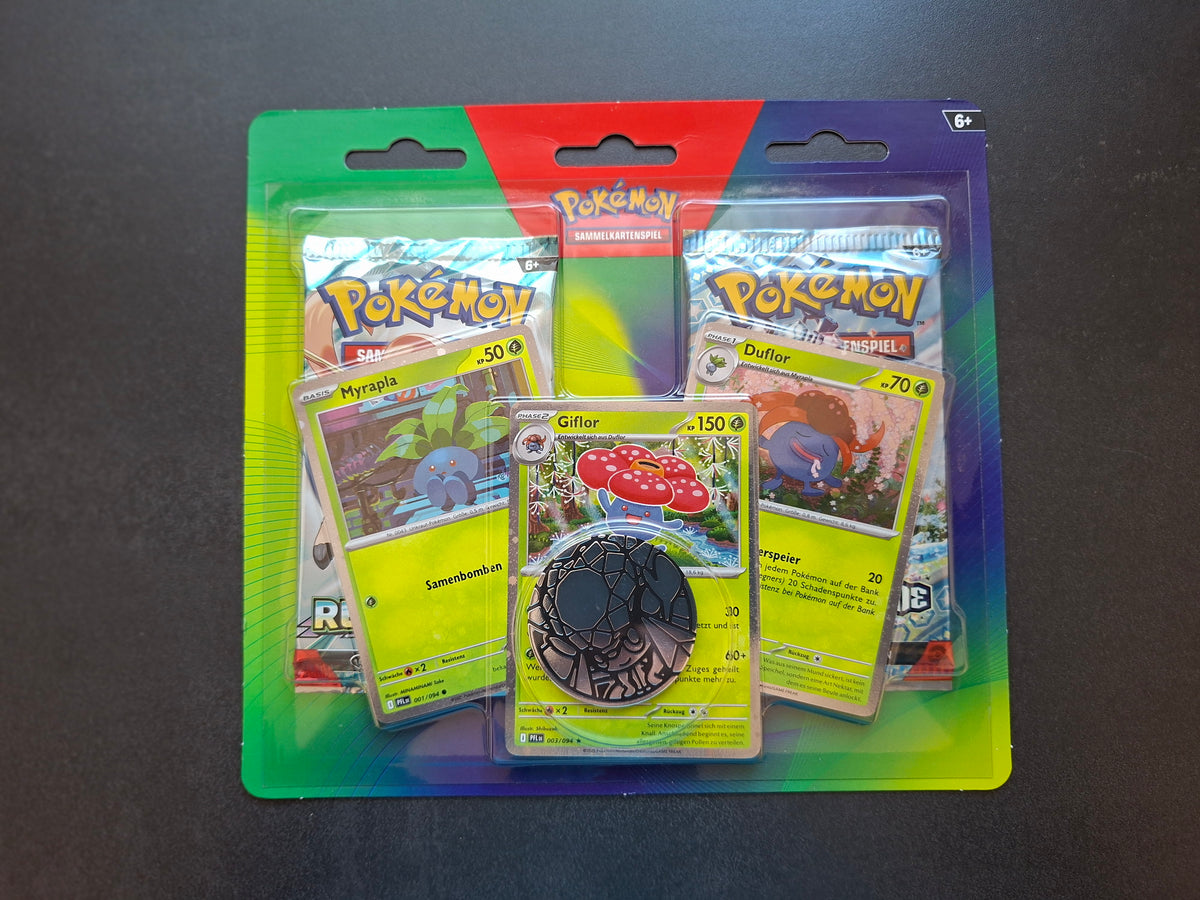 Pokémon 2-Pack-Blister - Karmesin & Purpur - Myrapla, Duflor, Giflor + Münze (DE)